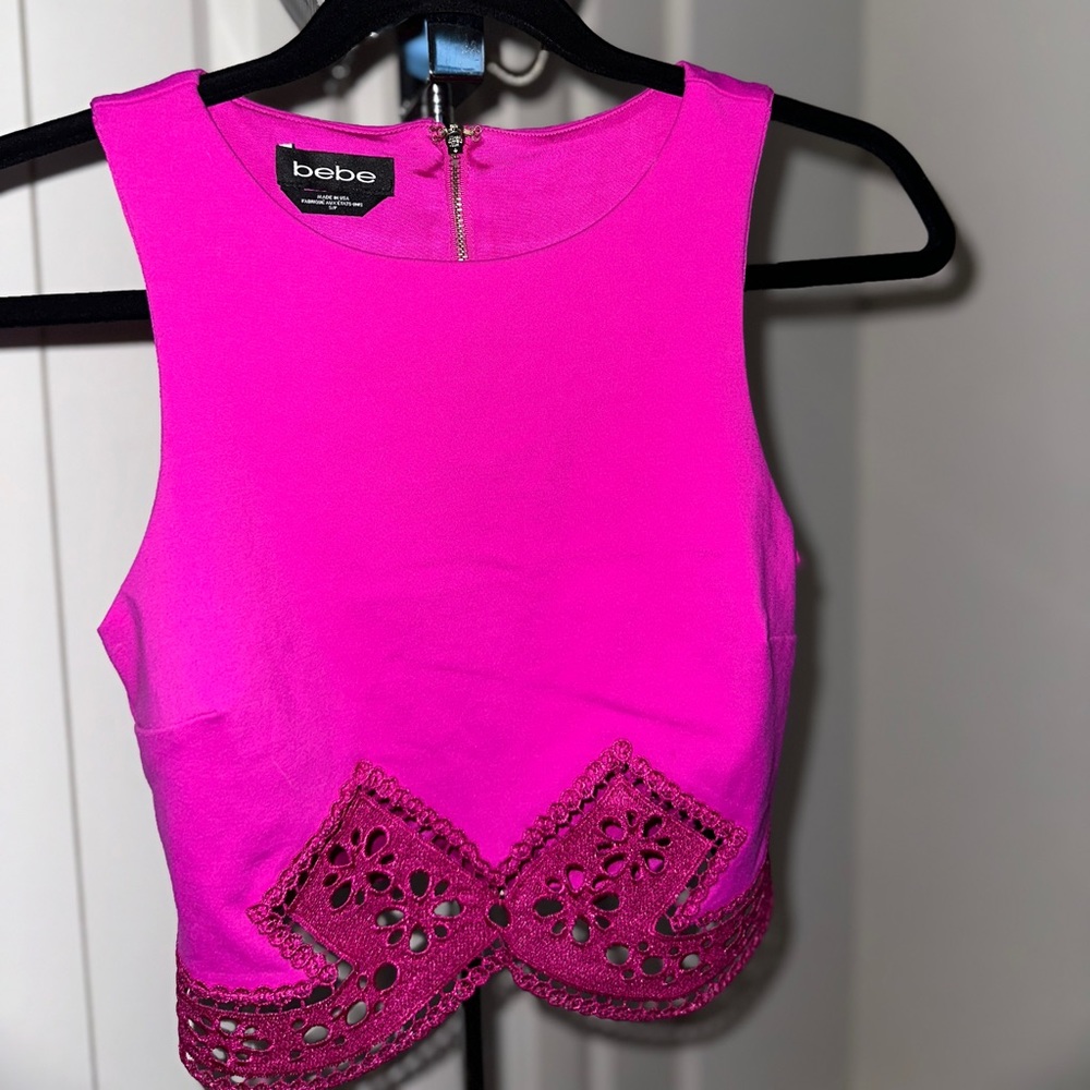 Pink Bebe Crop top with Gold zipper detail and lace accent Small and like New!